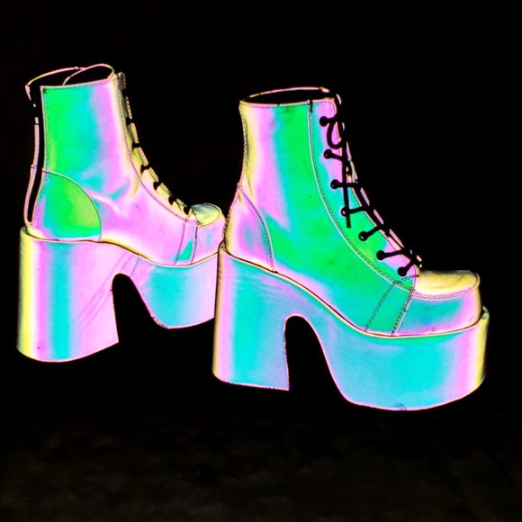 Camel Purple Green Reflective Rave Royalty Festival Platform Ankle Boots - Picture 10 of 15